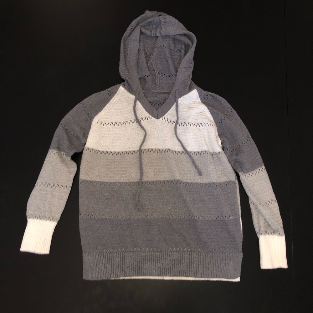 Lightweight knit gray and white color block stripe hoodie small